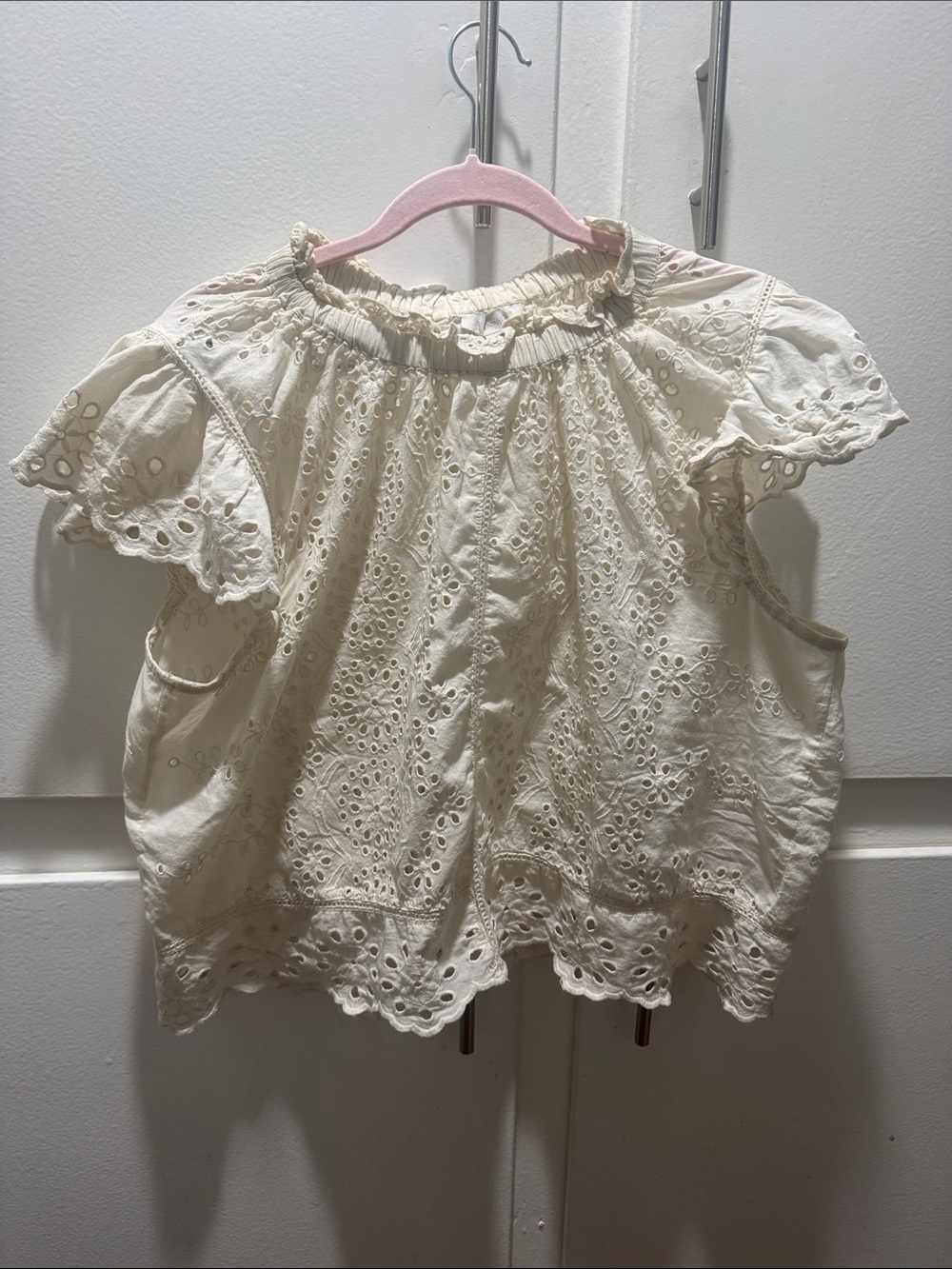 Cream Eyelet Flutter-Sleeve Top